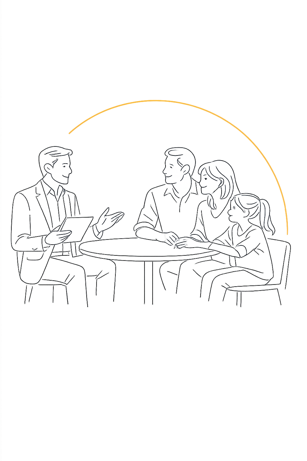 Consultor da Arbaitman orientando uma família sobre seguros